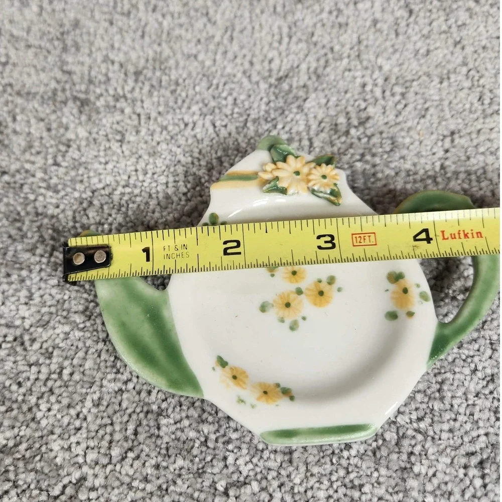 Vintage Tea Bag Rest White Green Floral Teapot Shape Ceramic‎ Small 4.5in